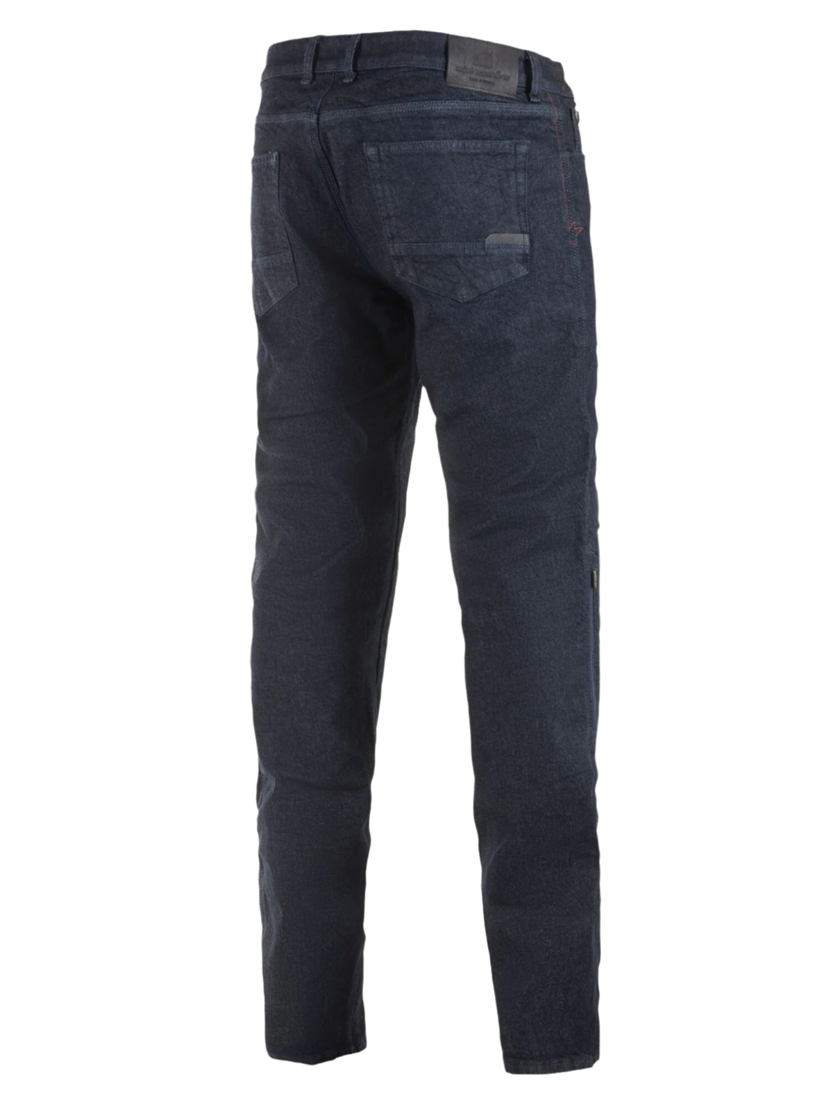 Alpinestars Copper Out V2 Riding Denim, motorjeans, Rinse Plus Blue, achteraanzicht met een reguliere rechte pasvorm, leren patch op de tailleband, donkere wassing denim voor stedelijk motorrijden