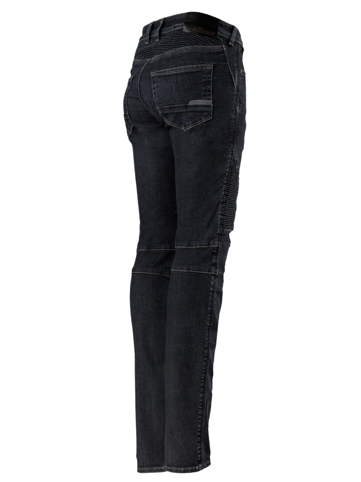 Alpinestars Stella Callie Denim, dames motorbroek, Black Waxed, achter- en zijaanzicht met accordeon stretchpanelen in de taille en op de knieën, slim fit met achterzakken en logo-patch