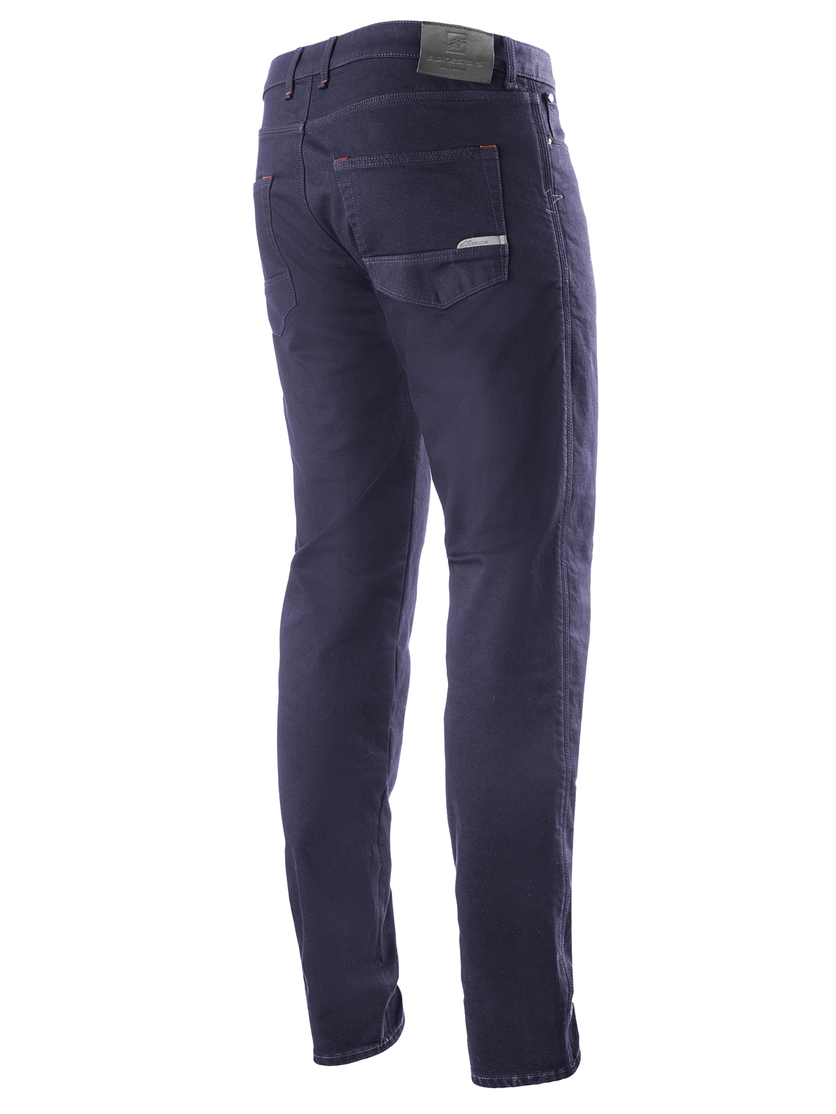 Alpinestars Copper V2 Denim broek korte lengte, Rinse Blue, driekwart achteraanzicht met achterzakken en een lederen patch op de tailleband, urban motorjeans met een klassieke denim uitstraling