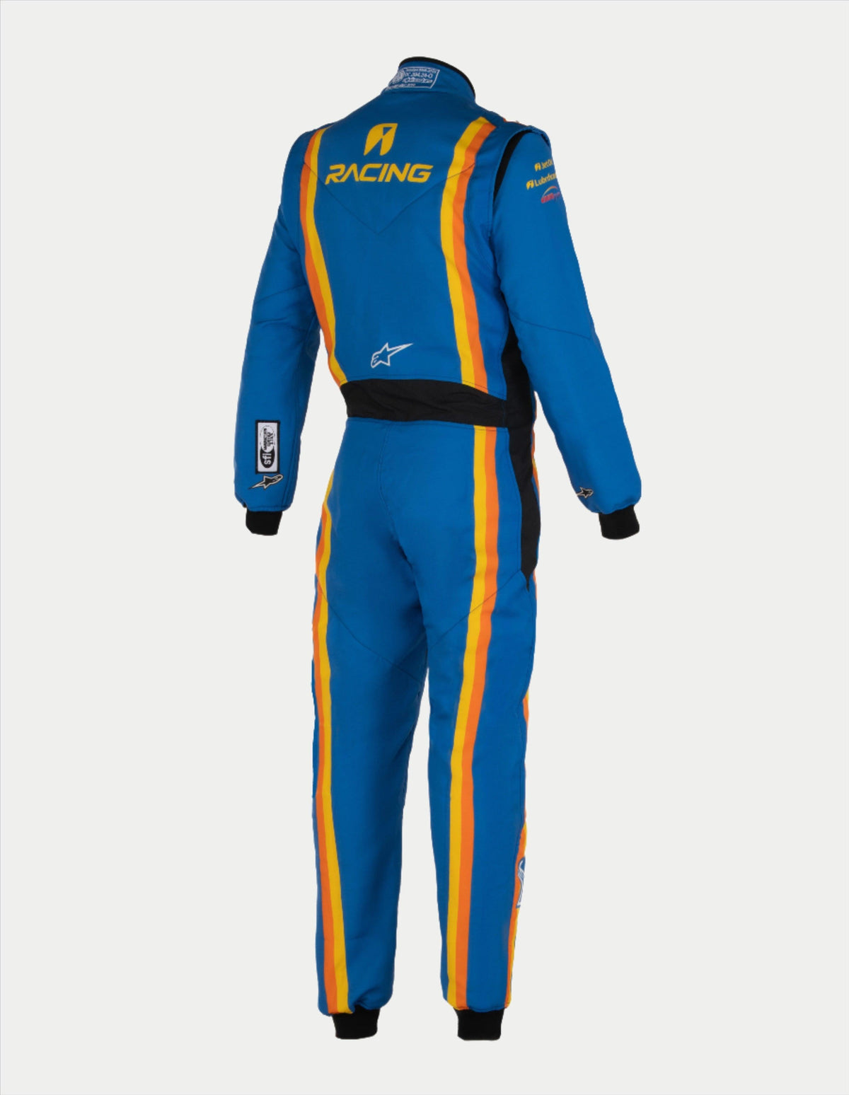 Alpinestars Tech Vision V3 maatwerkpak met aangepaste lengte, professioneel autoracepak voor autosport, unisex, blauw met oranje en geel, achteraanzicht met gele branding en zwart stretchpaneel, FIA-gecertificeerd