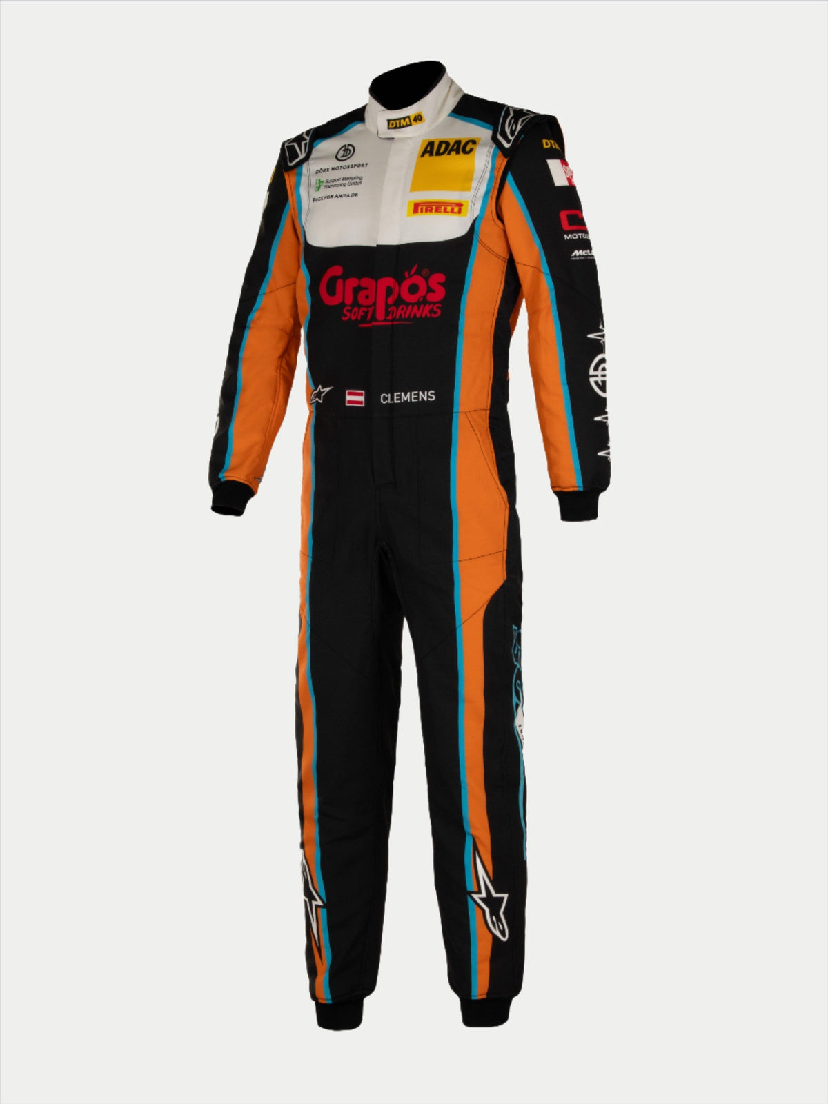 Alpinestars Tech Vision V3 op maat gemaakt pak, zwart en oranje brandvertragend autoracepak, FIA-gecertificeerd.