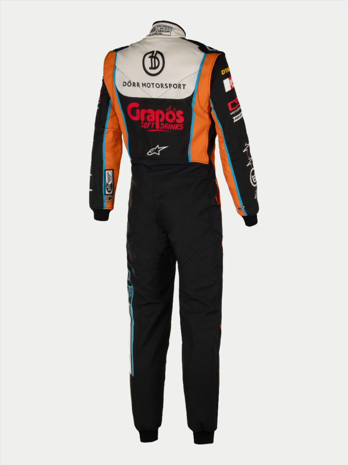 Alpinestars Tech Vision V3 maatwerkpak met aangepaste lengte, FIA-autorace-uitrusting, zwart en oranje Nomex, Dörr Motorsport, achteraanzicht