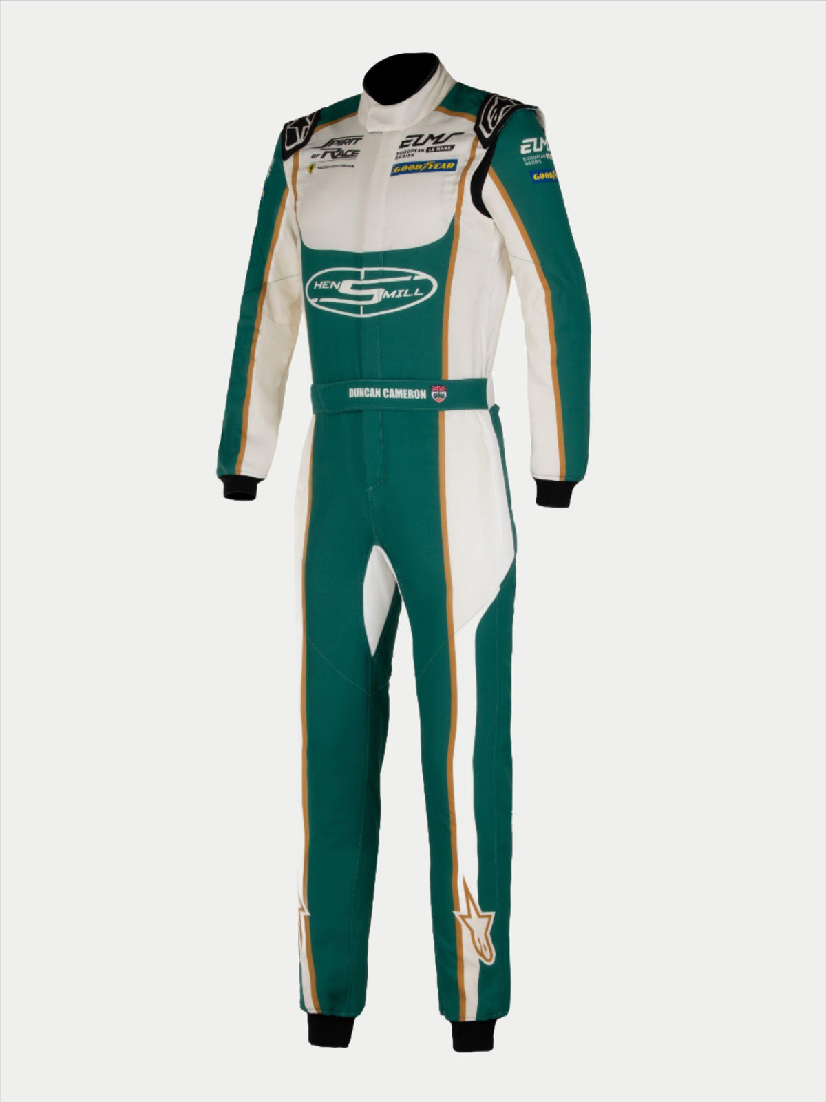 Alpinestars Tech Vision V3 maatwerkpak met aangepaste lengte, groen en wit Nomex-autoracepak voor autosport, FIA/SFI-gecertificeerd, met gouden accenten en 'Duncan Cameron'-branding.