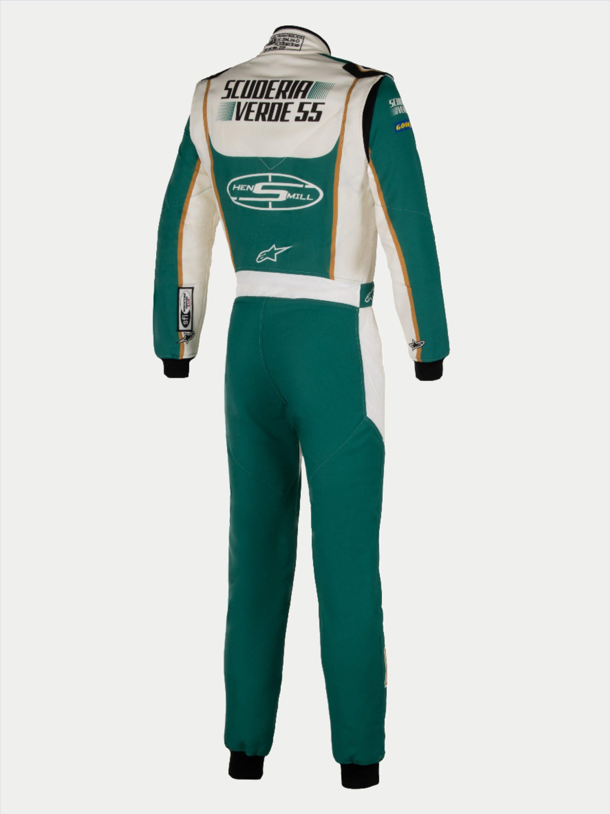 Alpinestars Tech Vision V3 Custom Suit, Rear View, Teal Green and White with Gold Accents, Custom "Scuderia Verde 55" and "Hens Mill" Branding, Professional FIA/SFI Approved Racing Suit