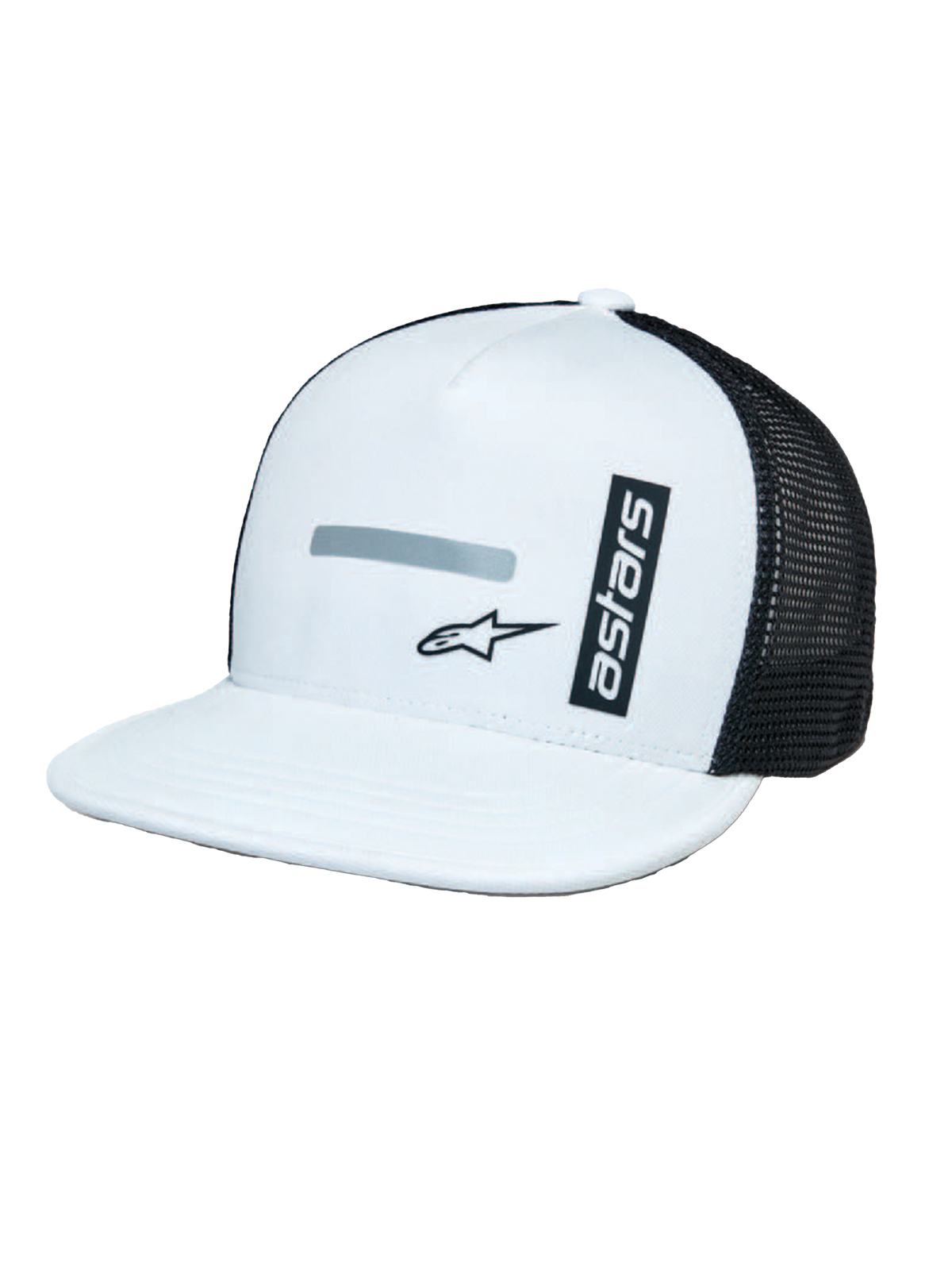 Alpinestars Alter Trucker pet, wit en zwart, gestructureerde witte kroon en platte klep, zwarte mesh achterpanelen, verticale 'astars' branding en reflecterende logoprint, casual op motorsport geïnspireerde pet