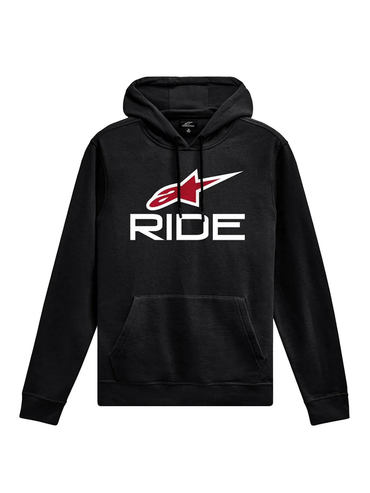 Alpinestars Ride Hoodie V 3, casual sportkleding, zwart met witte RIDE-tekst en rood sterlogo, kangoeroezak aan de voorzijde, capuchon met trekkoord, geribbelde manchetten en zoom, op motorsport geïnspireerd ontwerp