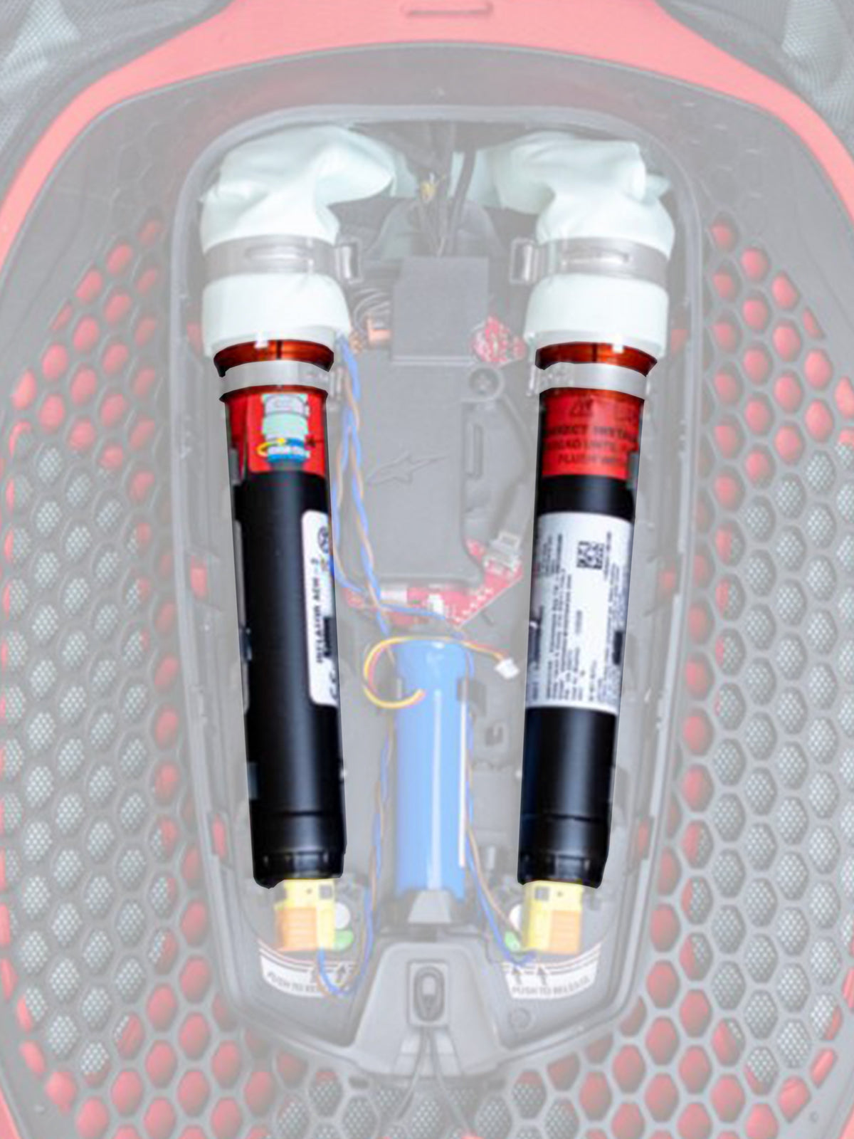 Alpinestars Tech-Air 7X & Off-Road vervangingscanisterset, airbag vervangingspatronen, zwart met witte bovenkanten en oranje banden, twee argon-canisters geïnstalleerd in een rood-zwart elektronisch airbagsysteem met honingraatpatroon en gekleurde bedrading