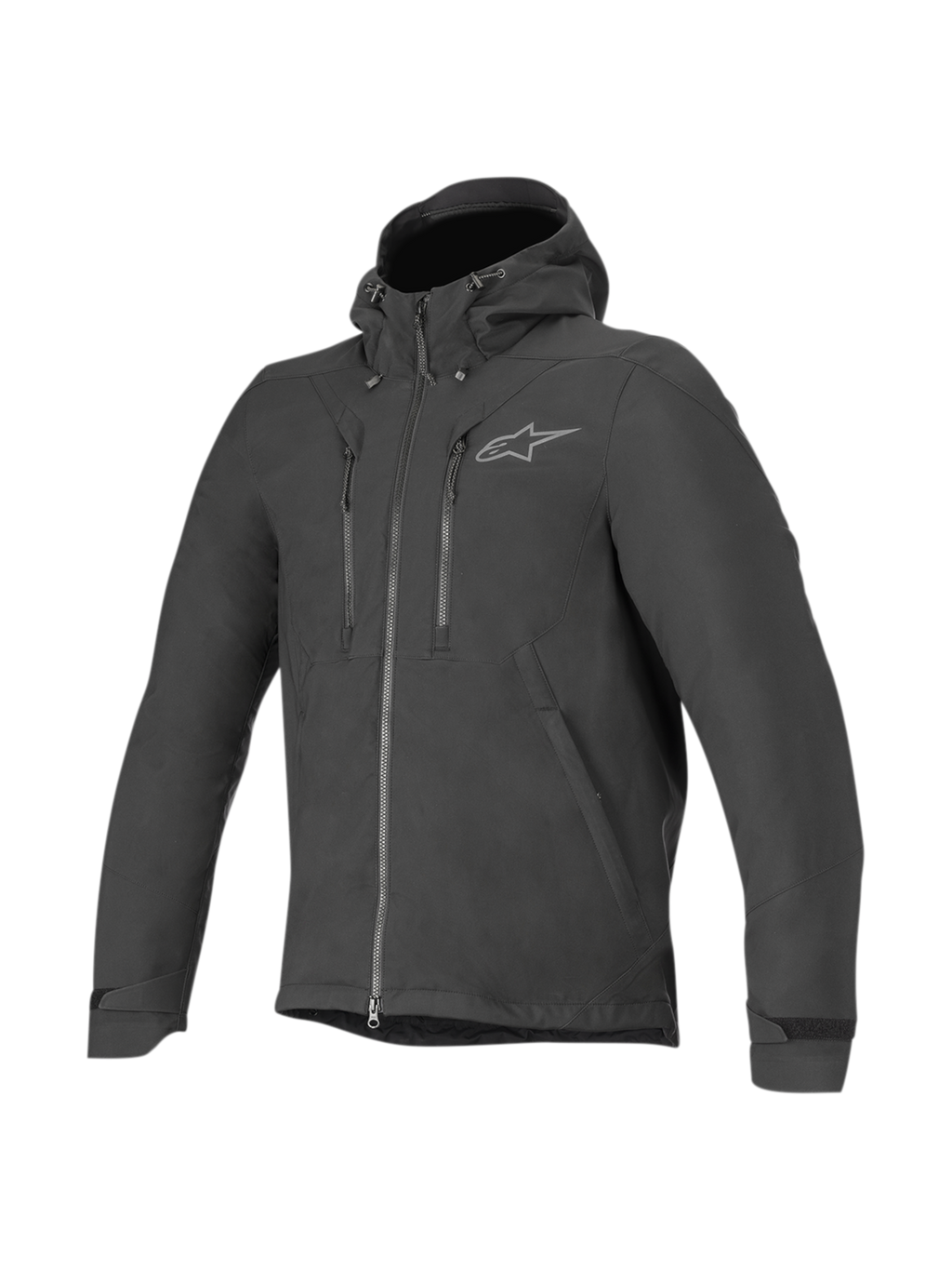Alpinestars Domino Tech jas, zwarte heren urban motorjas van waterbestendige softshell met vaste capuchon.
