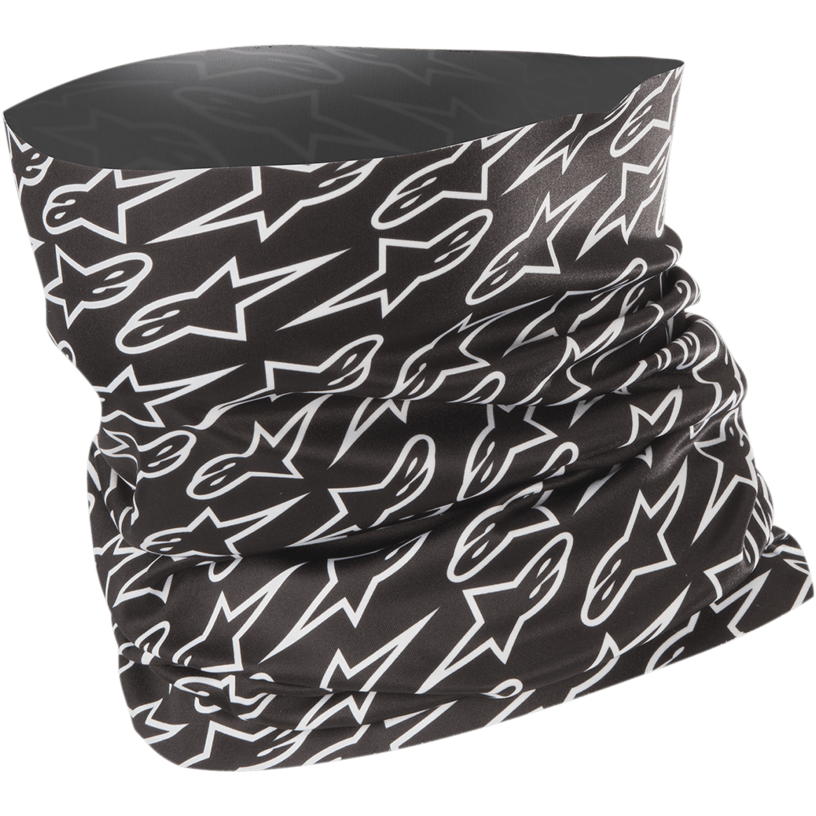 Alpinestars Neck Tube, motornekwarmer, zwart met een wit herhalend sterlogo-patroon, lichtgewicht stretchstof, ontworpen voor windbescherming in de lente en zomer