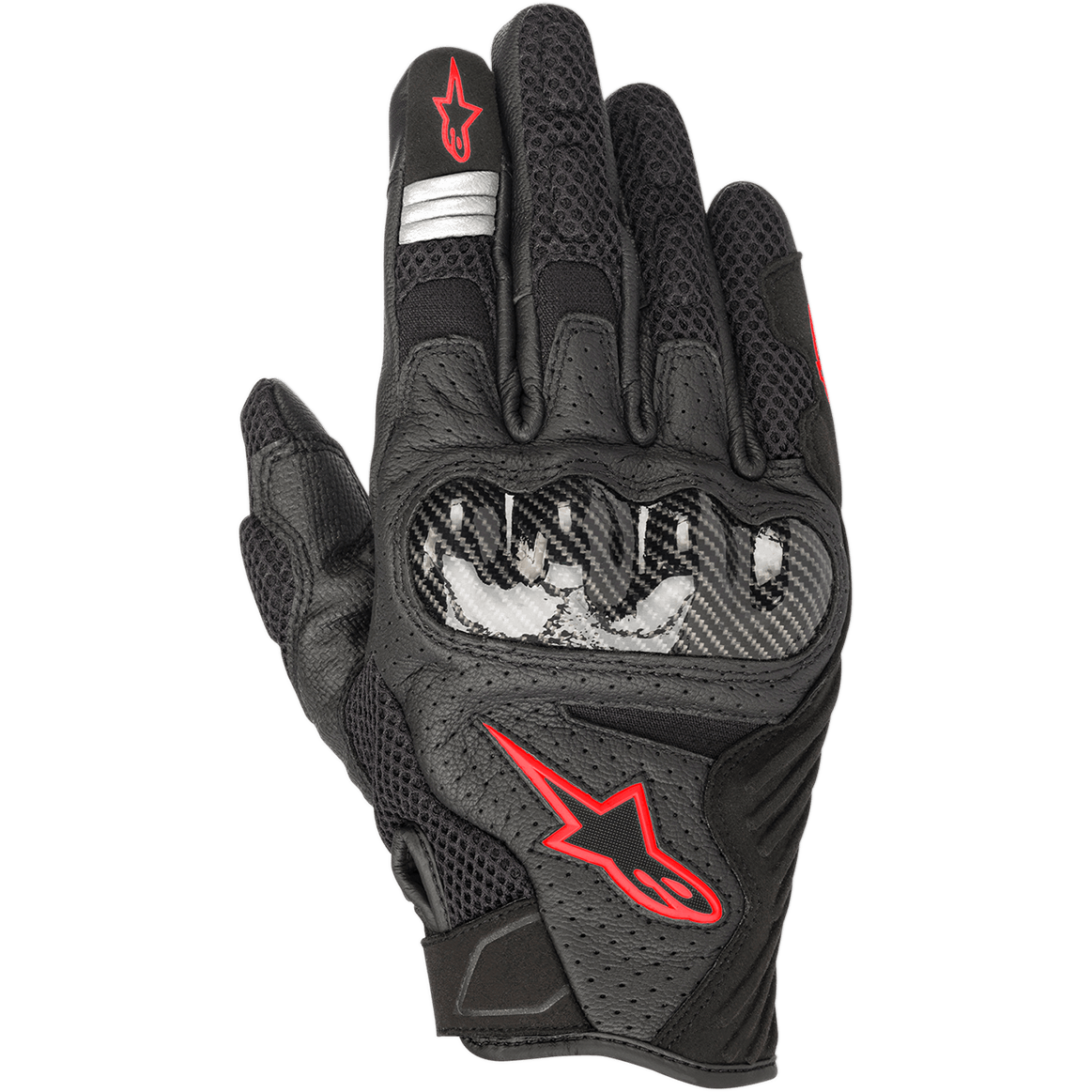 Alpinestars SMX-1 Air V2 motorhandschoenen, zwart en fluo rood, met een harde knokkelbeschermer in carbonstijl, rood Alpinestars-sterlogo, zilveren reflecterende strepen, geperforeerd leer en ademende mesh-panelen.