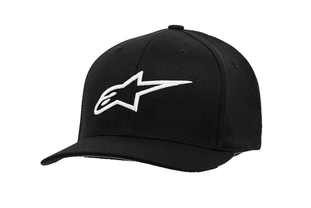 Alpinestars Ageless Curve pet, zwarte baseballcap met wit 3D-geborduurd sterlogo, gebogen klep, gestructureerde kroon, twill-stof, casual motorsport sportkleding
