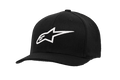Alpinestars Ageless Curve pet, zwarte baseballcap met wit 3D-geborduurd sterlogo, gebogen klep, gestructureerde kroon, twill-stof, casual motorsport sportkleding