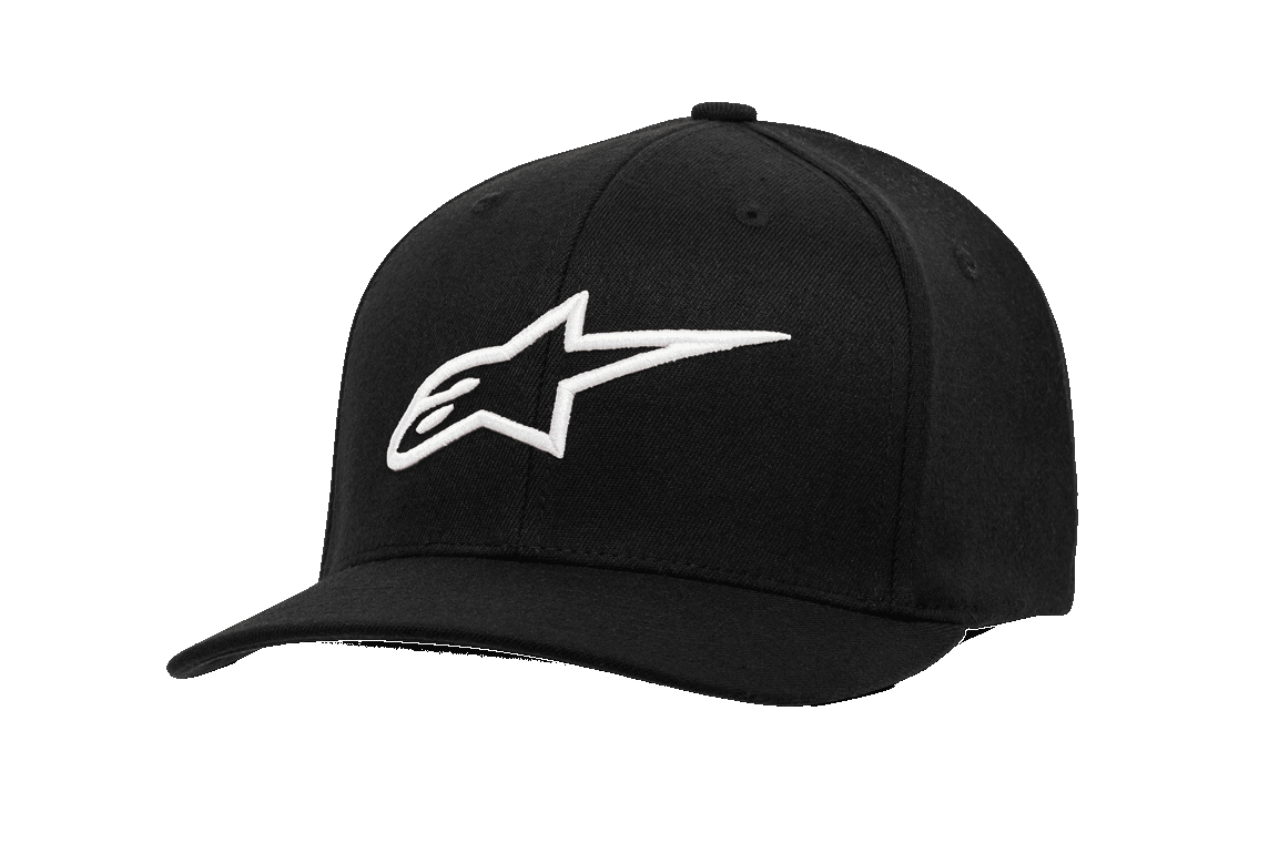 Alpinestars Ageless Curve pet, zwarte baseballcap met wit 3D-geborduurd sterlogo, gebogen klep, gestructureerde kroon, twill-stof, casual motorsport sportkleding