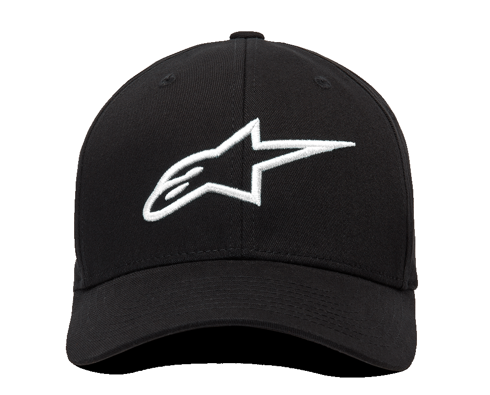 Alpinestars Ageless Curve pet, vooraanzicht, zwarte twill-stof met 3D-geborduurd wit Alpinestars-logo, baseballpet met gebogen klep, casual sportswear-stijl