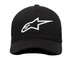 Alpinestars Ageless Curve pet, vooraanzicht, zwarte twill-stof met 3D-geborduurd wit Alpinestars-logo, baseballpet met gebogen klep, casual sportswear-stijl