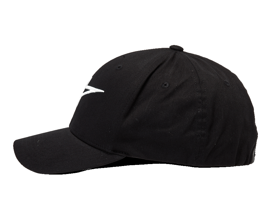 Alpinestars Ageless Curve pet, baseballcap met gebogen klep, zwart met wit 3D geborduurd logo, zijprofiel, twill-stof, casual sportswear-stijl