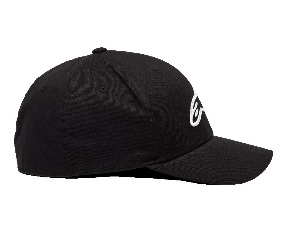 Alpinestars Ageless Curve pet, zwart en wit, zijprofiel met gebogen klep en wit 3D-geborduurd logo, casual sportkleding