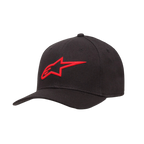 Alpinestars Ageless Curve pet, zwarte baseballcap met rood 3D-geborduurd logo, gebogen klep, keperstof, casual sportieve hoofdbedekking