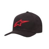 Alpinestars Ageless Curve pet, zwarte baseballcap met rood 3D-geborduurd logo, gebogen klep, keperstof, casual sportieve hoofdbedekking
