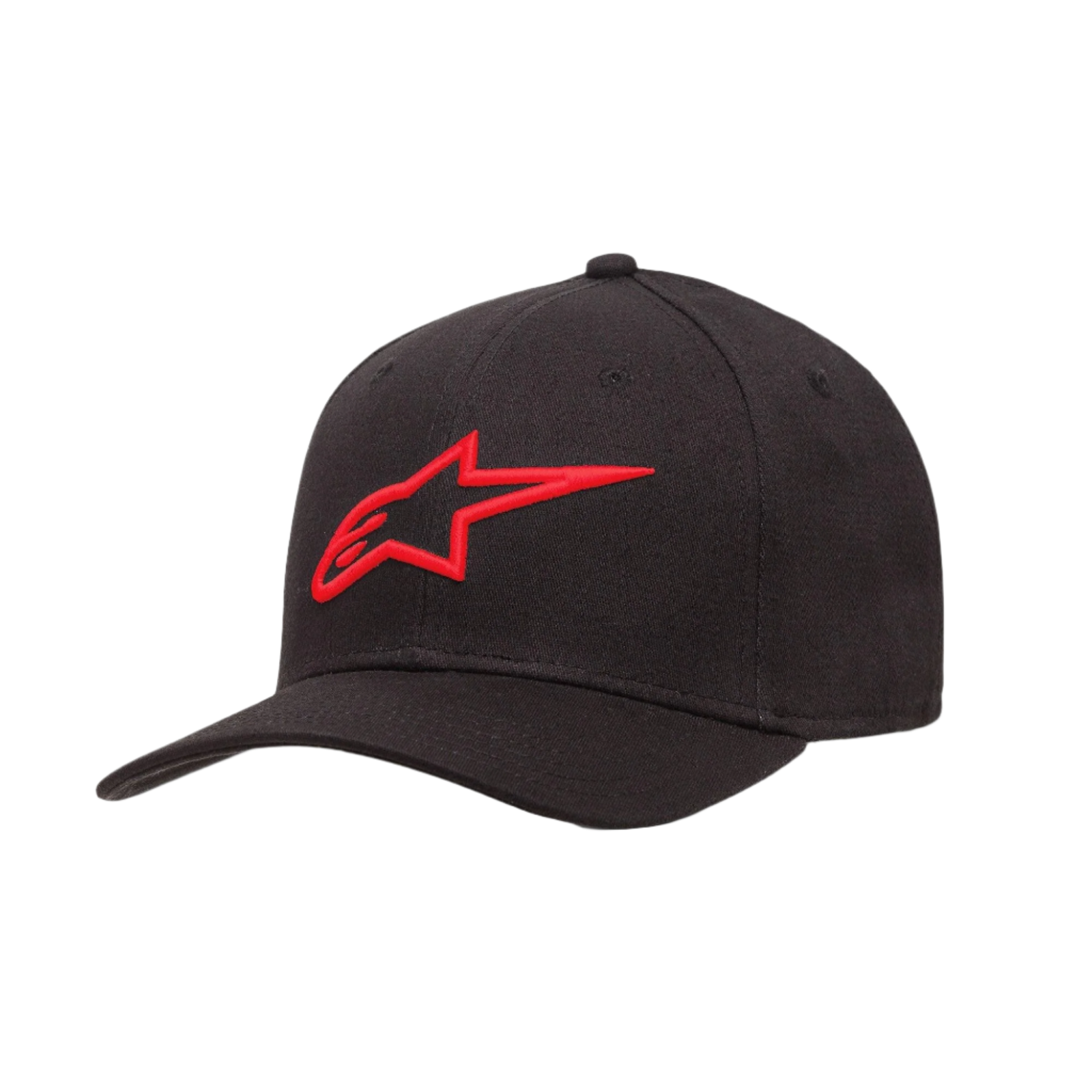 Alpinestars Ageless Curve pet, zwarte baseballcap met rood 3D-geborduurd logo, gebogen klep, keperstof, casual sportieve hoofdbedekking