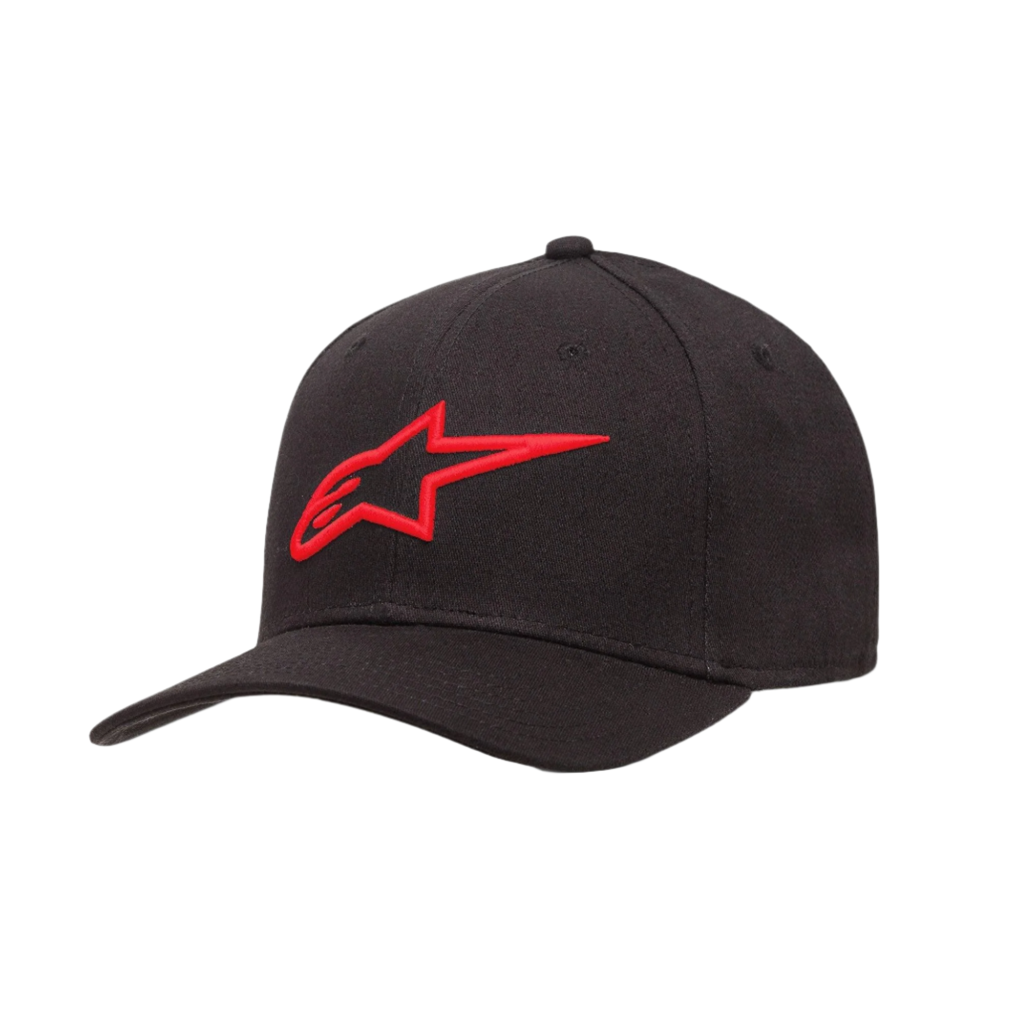 Alpinestars Ageless Curve pet, zwarte baseballcap met rood 3D-geborduurd logo, gebogen klep, keperstof, casual sportieve hoofdbedekking