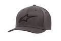 Alpinestars Ageless Curve Pet, antracietgrijs gemêleerde baseballcap met zwart 3D-geborduurd logo, gebogen klep, gestructureerde keperstof met ventilatieopeningen, casual motorsport-hoofddeksel