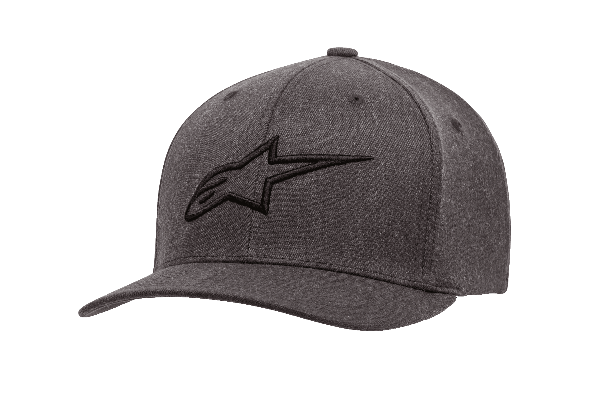Alpinestars Ageless Curve Pet, antracietgrijs gemêleerde baseballcap met zwart 3D-geborduurd logo, gebogen klep, gestructureerde keperstof met ventilatieopeningen, casual motorsport-hoofddeksel
