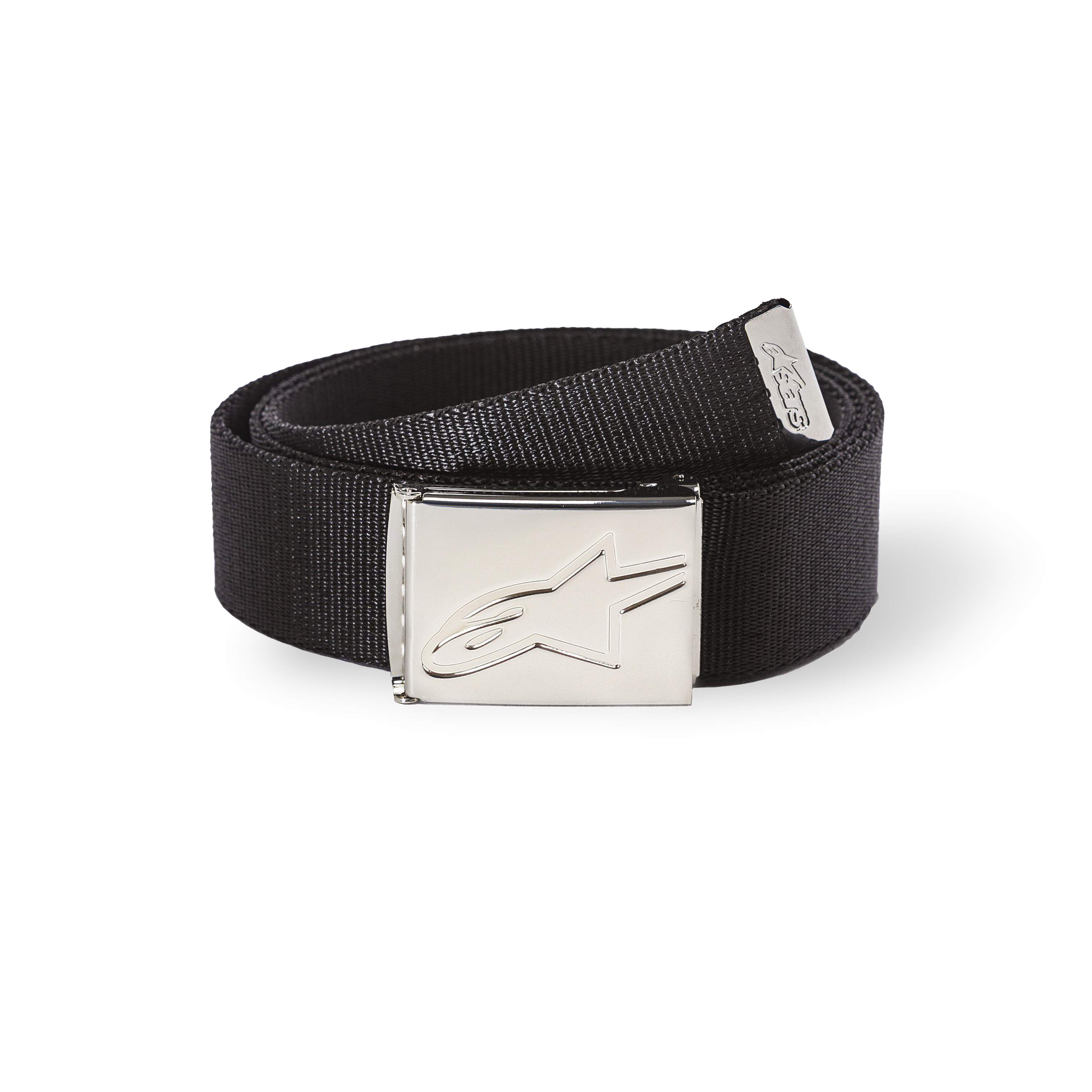 Alpinestars Ageless Web Belt, zwarte webriem met zilveren chromen metalen gesp, verdiept sterlogo, getextureerde webband, metalen uiteinde met branding, casual sportaccessoire