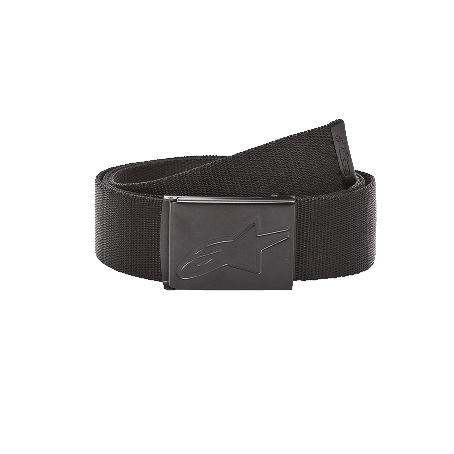 Alpinestars Ageless Web Belt, zwarte geweven webriem, metalen klemgesp met ingegraveerd sterlogo, metalen uiteinde met logo, duurzaam casual sportaccessoire