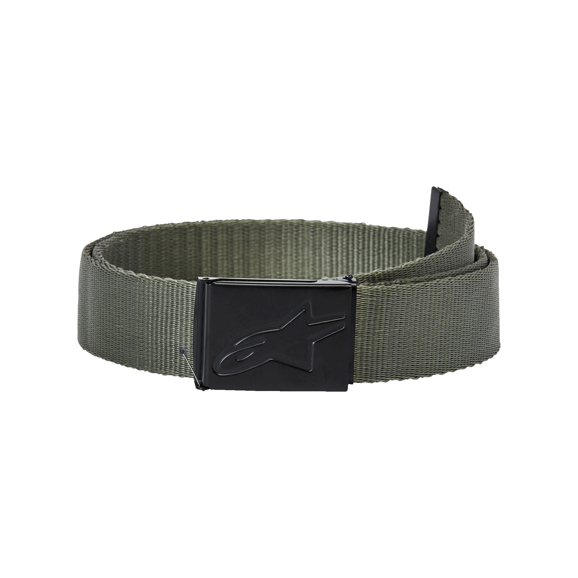 Alpinestars Ageless Web Belt, militair groen en zwart, met een geweven polypropyleen band en een zwarte metalen klemgesp met een ingestanst ster-logo, casual sportaccessoire