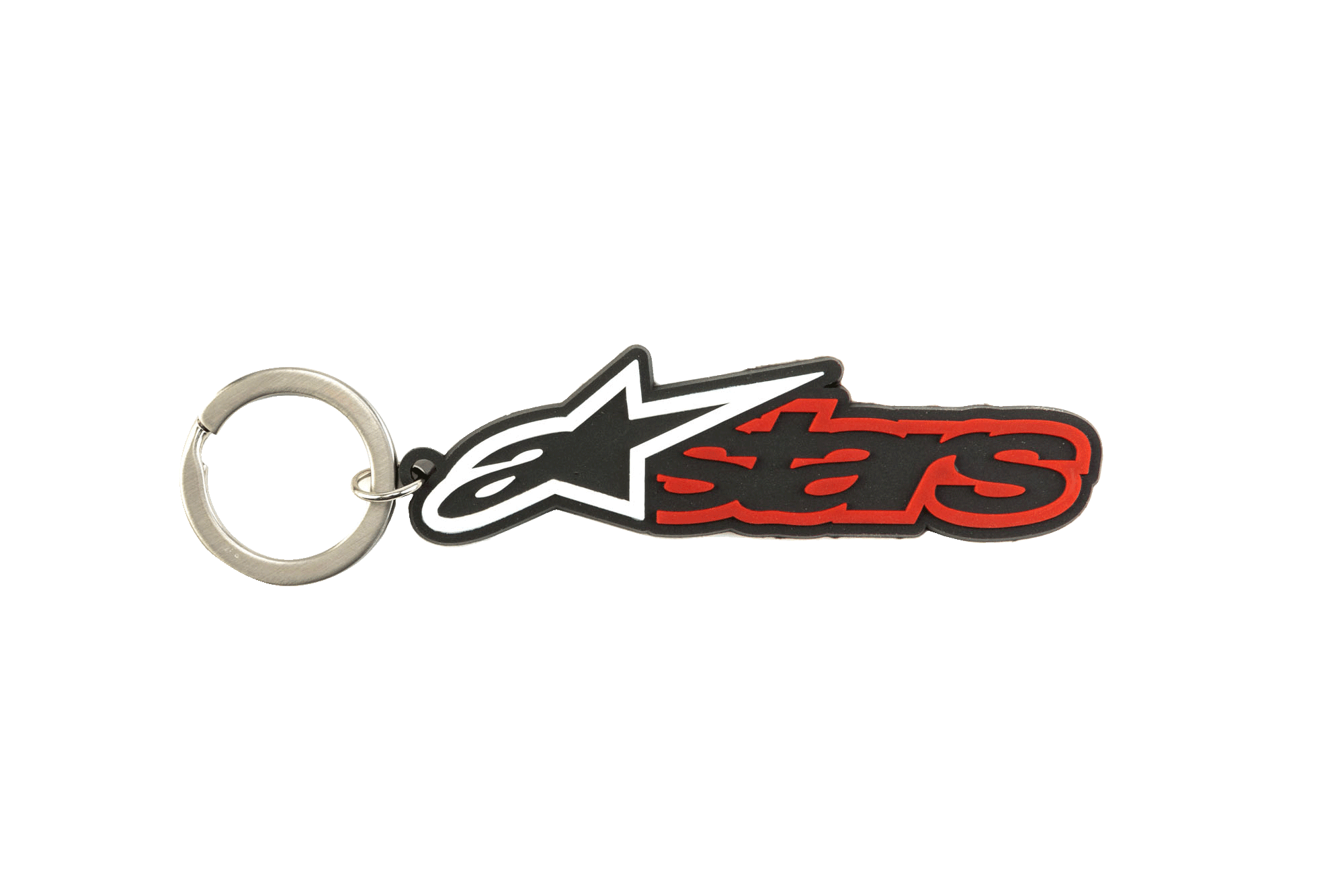 Alpinestars Blaze sleutelhanger, 3D rubberen sleutelhanger in zwart en rood, met het wit-zwarte sterlogo en rood omrande tekst, duurzame metalen drukring, motorsport-geïnspireerd accessoire
