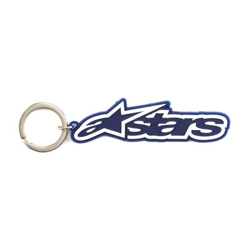 Alpinestars Blaze Key Fob, blauwe 3D rubberen sleutelhanger met wit Alpinestars logo en metalen ring, sportief accessoire
