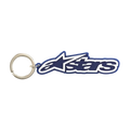 Alpinestars Blaze sleutelhanger, sportswear-accessoire, blauw en wit, 3D rubberen constructie met kenmerkend logo en metalen drukring, motorsport-geïnspireerd race-accessoire.