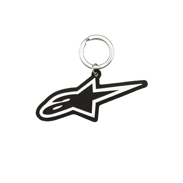 Alpinestars Ageless sleutelhanger, 3D rubberen sleutelhanger, zwart en wit Blaze logo-ontwerp, zilveren metalen drukring, op de motorsport geïnspireerd accessoire