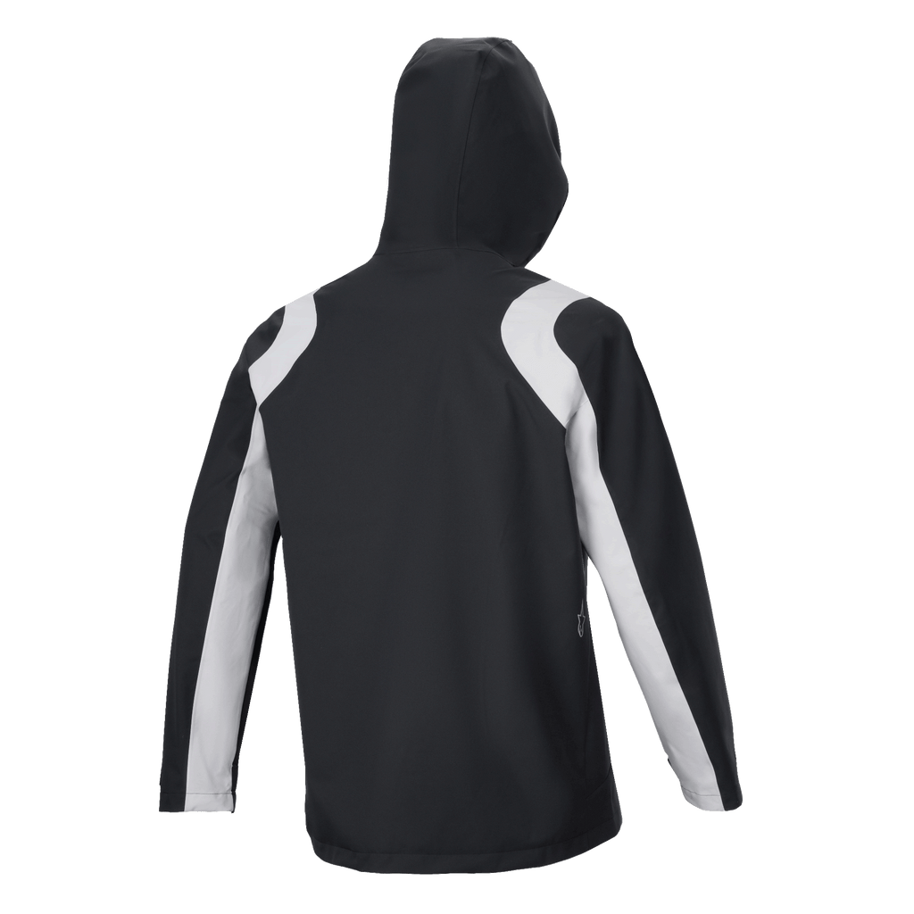 Alpinestars A-Dura Regenjas, zwart en wit, achteraanzicht van mountainbike regenjas met capuchon en lichtgrijze contrastpanelen op de schouders en mouwen