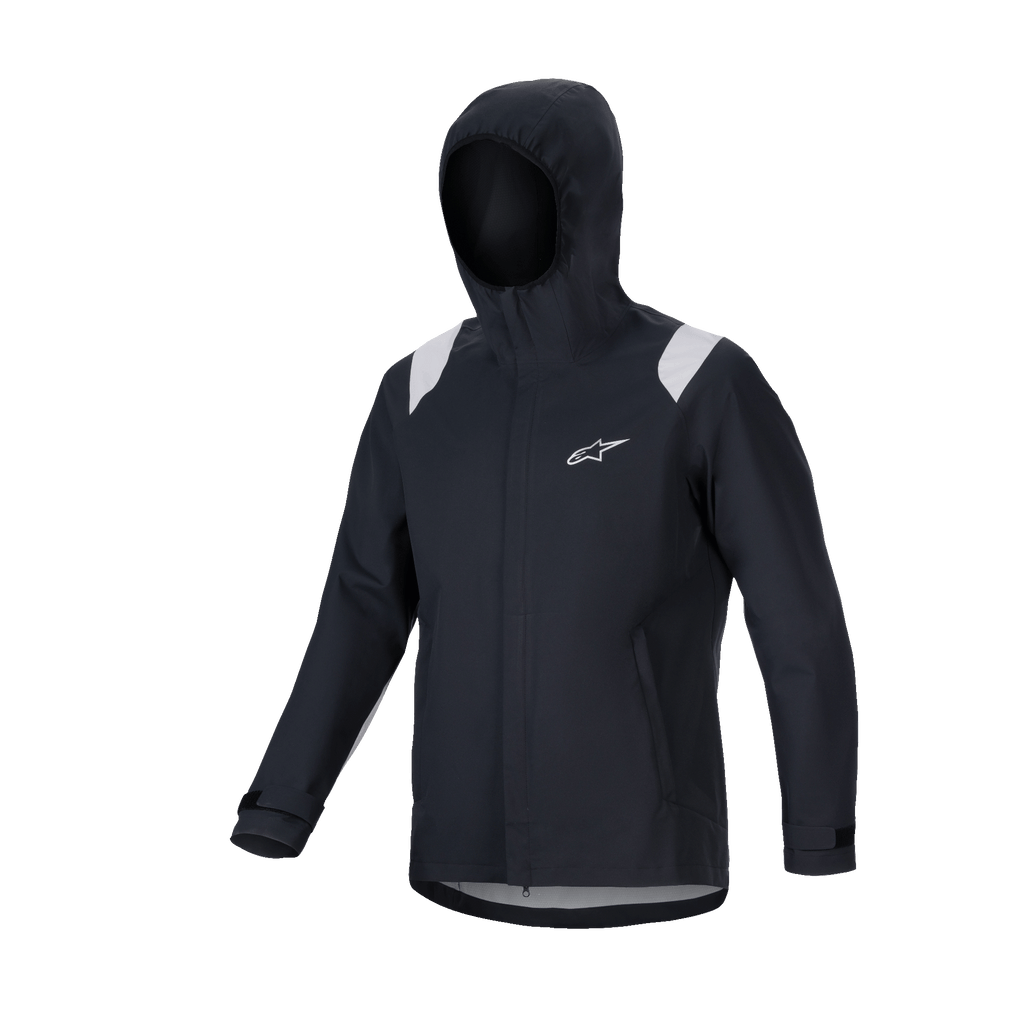 Alpinestars A-Dura Regenjas, MTB regenjas, zwart met grijze schouderpanelen, wit Astars-logo op de borst, waterdicht ontwerp met capuchon en 2,5-laags membraan, functionele technische kleding voor off-road fietsen