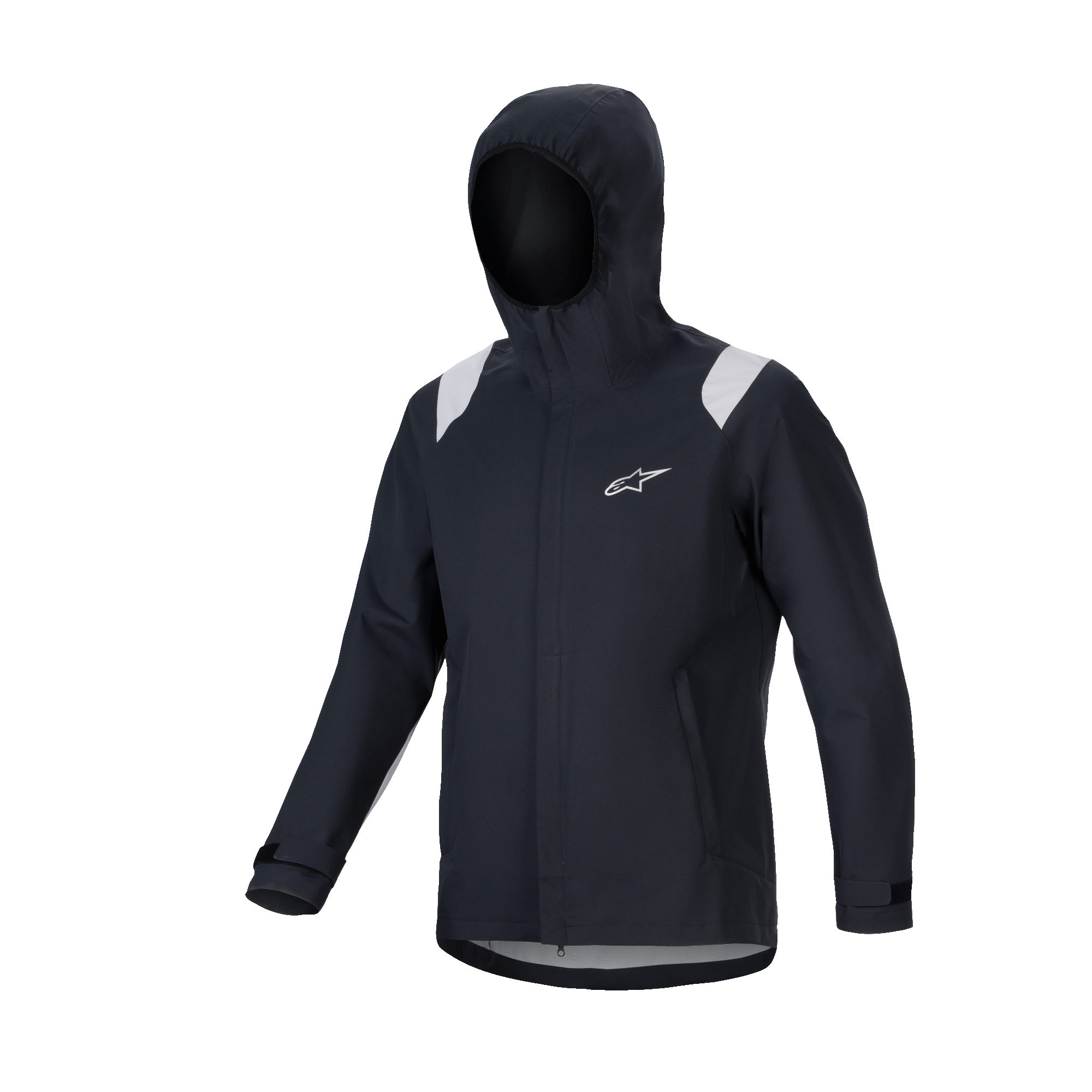 Alpinestars A-Dura Regenjas, MTB regenjas, zwart met grijze schouderpanelen, wit Astars-logo op de borst, waterdicht ontwerp met capuchon en 2,5-laags membraan, functionele technische kleding voor off-road fietsen