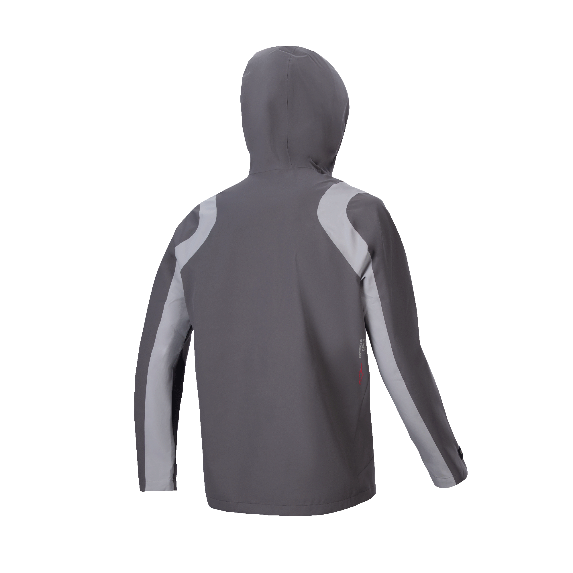 Alpinestars A-Dura Rain Jacket, Mountain Bike Rain Jacket, Dark Titanium and Gray, rear view with hood up, featuring light gray curved panels on shoulders and sleeves, technical design for wet-weather cycling.