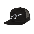 Alpinestars Corp Trucker pet, truckerpet met platte klep, zwart, wit 3D geborduurd Alpinestars-logo op de voorzijde, mesh panelen aan de achterkant, gestructureerde kroon, casual motorsport streetwear