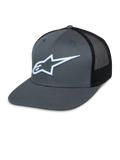 Alpinestars Corp Trucker pet, grijze voorkant en zwart mesh achterpaneel, wit geborduurd sterlogo, platte klep, gestructureerde kroon, ademend mesh achterpaneel