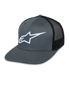 Alpinestars Corp Trucker pet, grijze voorkant en zwart mesh achterpaneel, wit geborduurd sterlogo, platte klep, gestructureerde kroon, ademend mesh achterpaneel