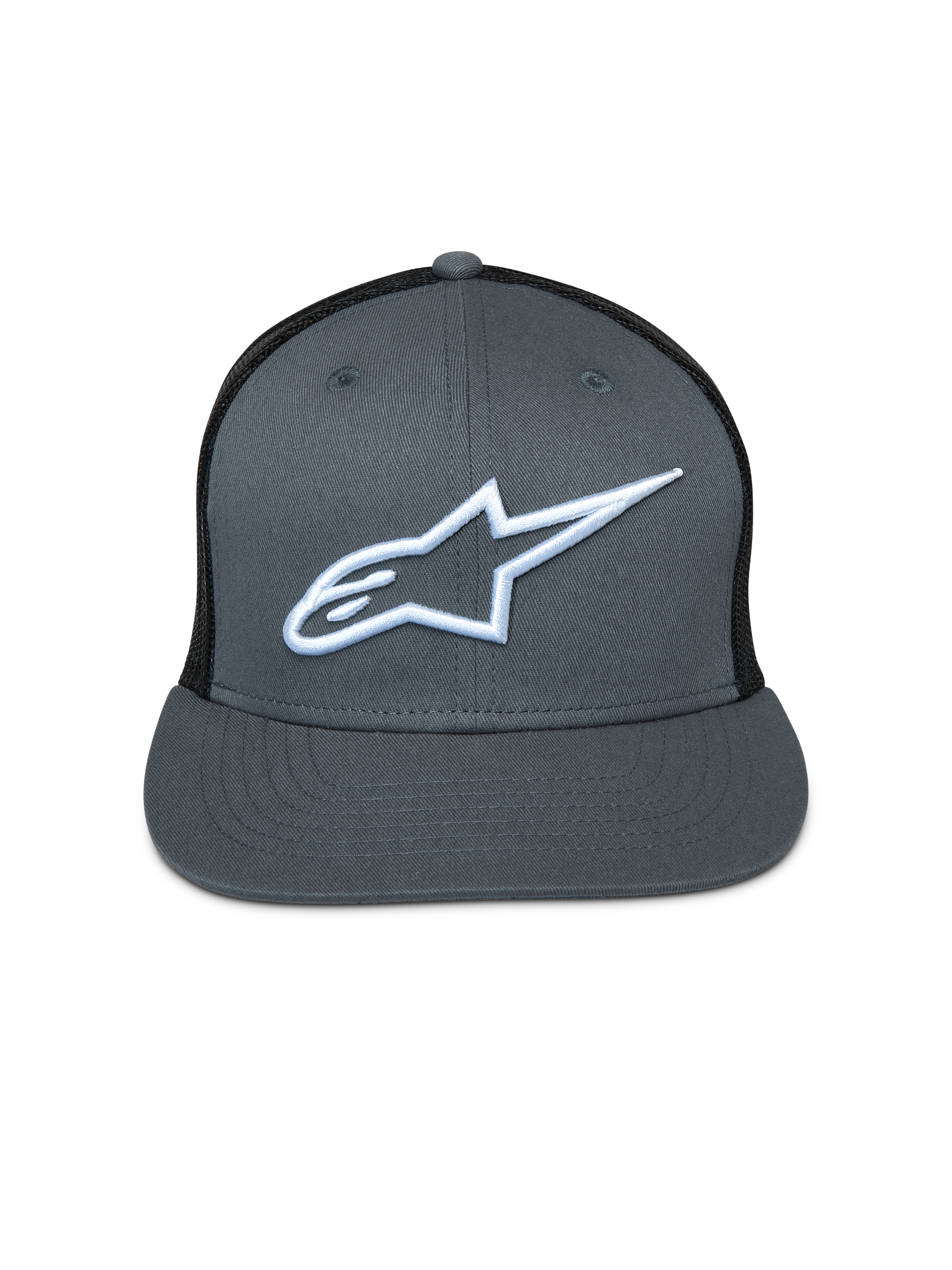 Alpinestars Corp Trucker pet, grijze voorkant met zwarte mesh achterkant, platte klep, wit geborduurd Astar-logo, casual motorsport hoofdbedekking
