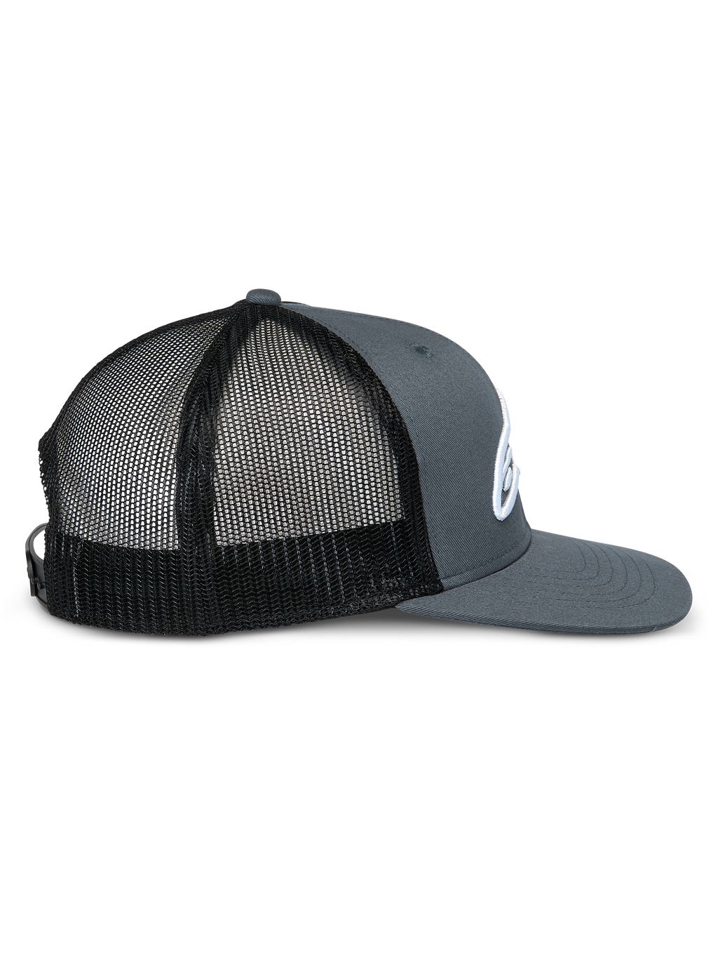 Alpinestars Corp Trucker pet, zijprofiel, grijze twill voorkant en klep met zwarte mesh achterkant, platte klep, gestructureerde kroon, wit geborduurd logo, casual motorsport hoofddeksel