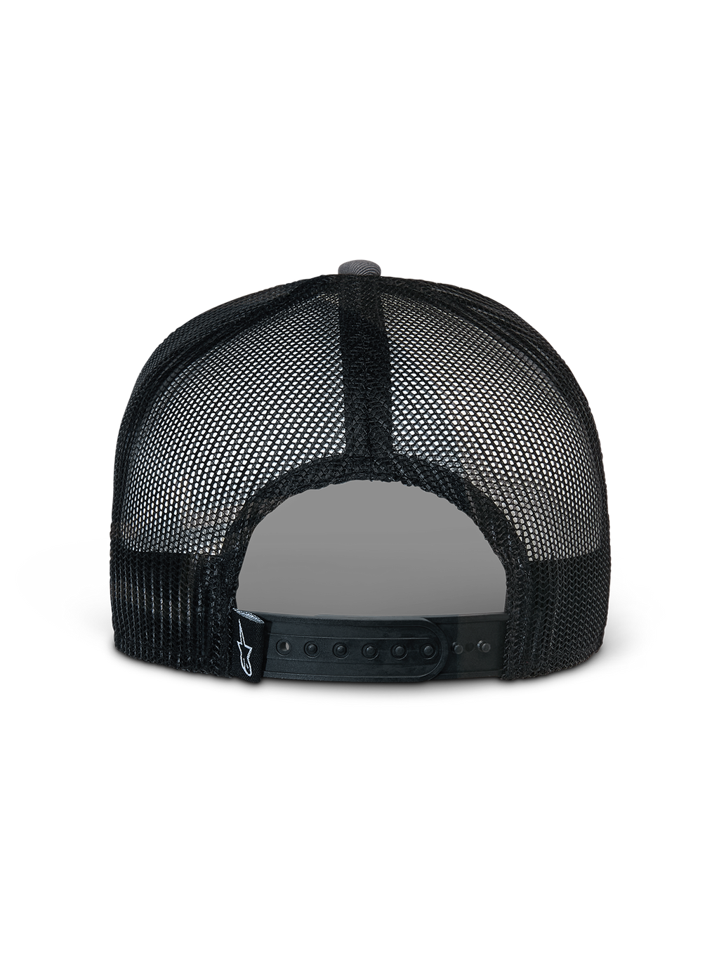 Alpinestars Corp Trucker pet, grijs en zwart, achteraanzicht met zwarte mesh panelen en een verstelbare snapback-sluiting, klein wit sterlogo op een zwart label aan de achterkant, casual sportkleding