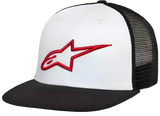 Alpinestars Corp Trucker pet, wit voorpaneel met een zwarte platte klep en zwarte mesh achterkant, voorzien van een 3D geborduurd rood Alpinestars sterlogo, casual motorsport streetwear