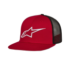 Alpinestars Corp Trucker pet, rood en zwart, trucker pet met platte klep, wit 3D geborduurd logo, rode twill voorkant en zwarte mesh achterpanelen