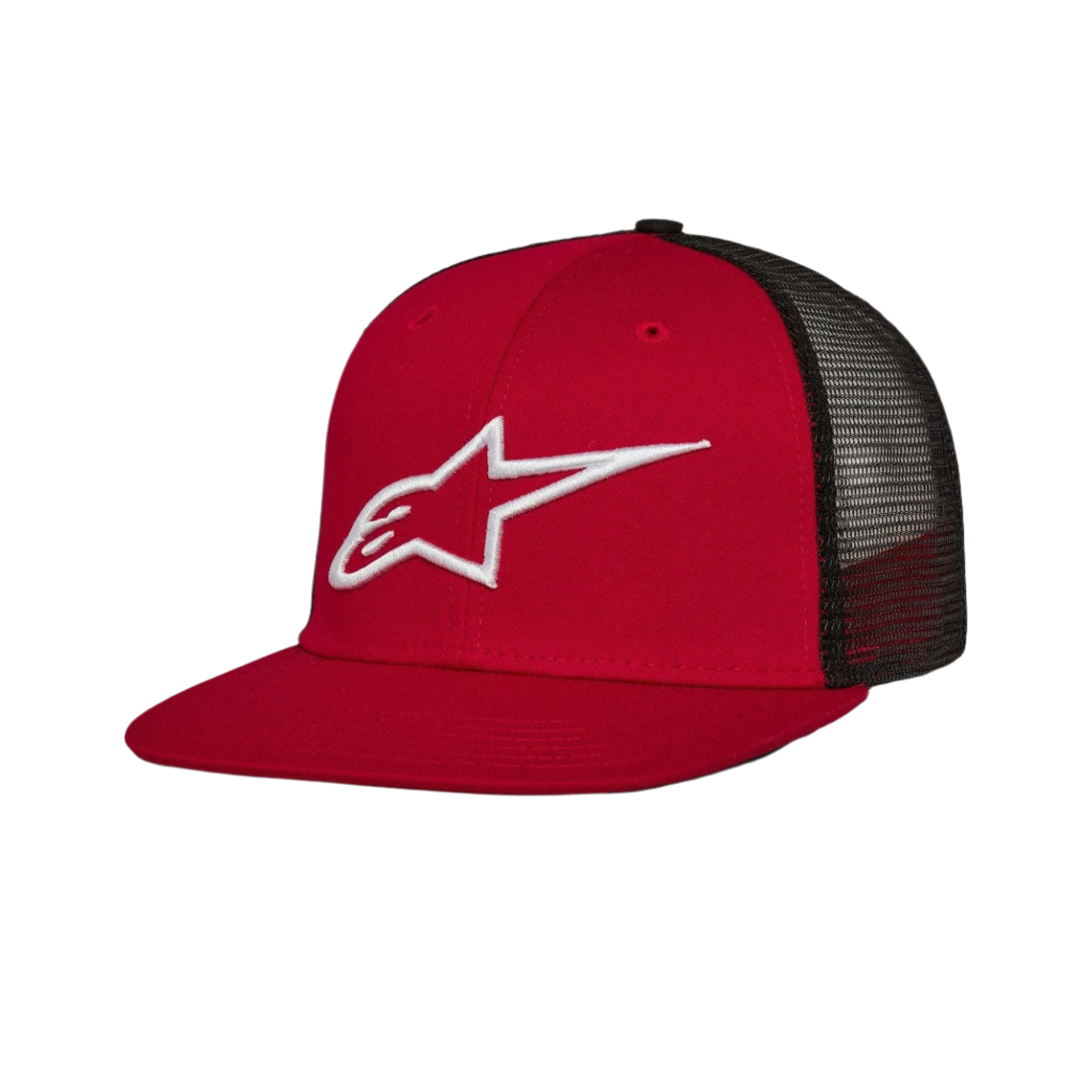 Alpinestars Corp Trucker pet, rood en zwart, trucker pet met platte klep, wit 3D geborduurd logo, rode twill voorkant en zwarte mesh achterpanelen