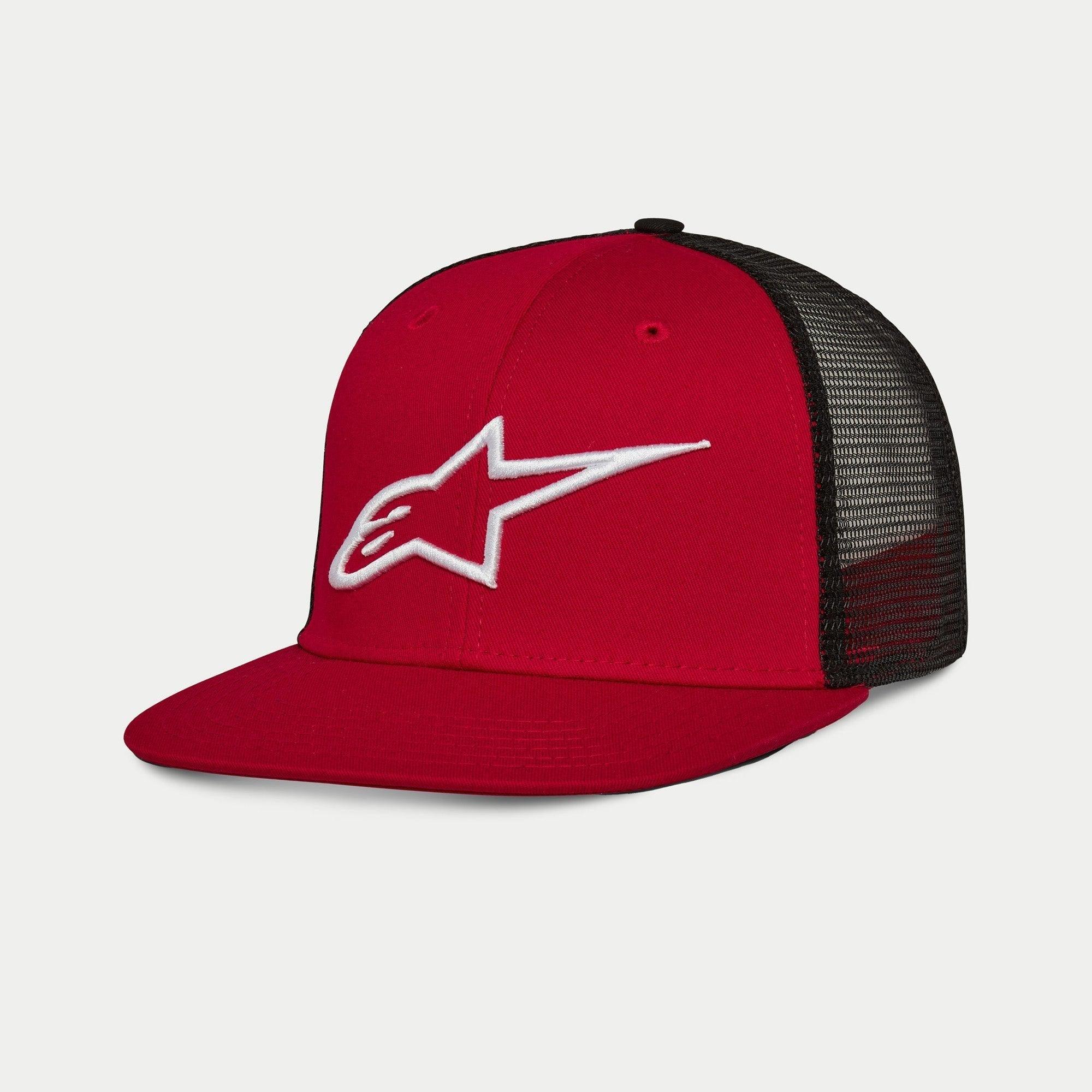 Alpinestars Corp Trucker pet, rood en zwart, truckerpet met platte klep, rode twill voorkant en zwarte mesh achterkant, 3D geborduurd wit logo, casual streetwear ontwerp