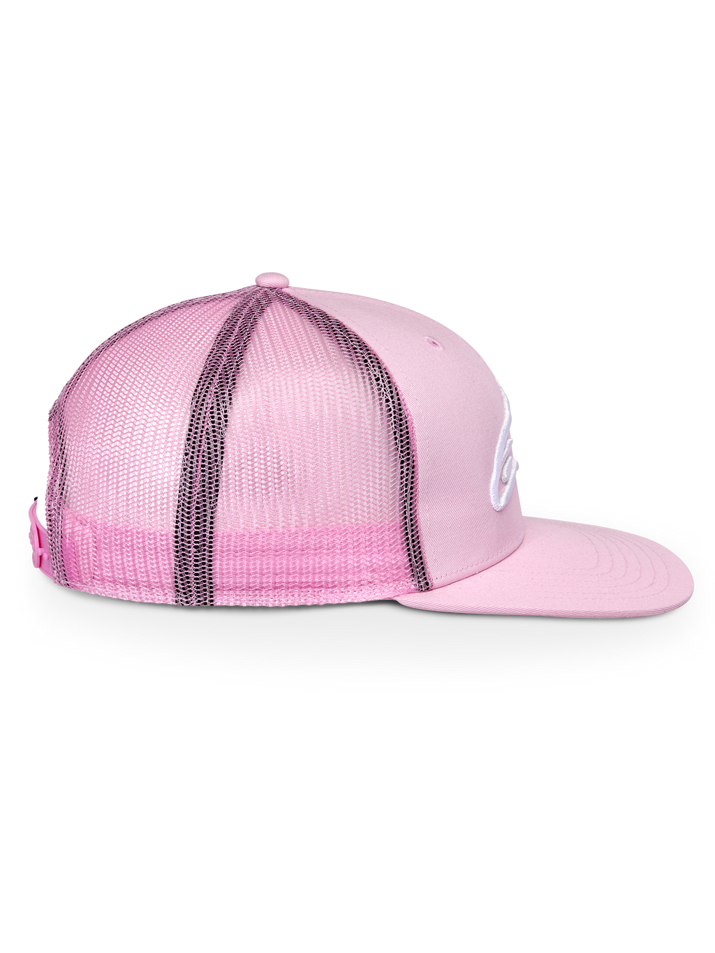 Alpinestars Corp Trucker Pet, roze, zijaanzicht, gestructureerde kroon met platte klep, voorzijde van twill en achterzijde van mesh, verstelbare snapback-sluiting, casual sportkleding