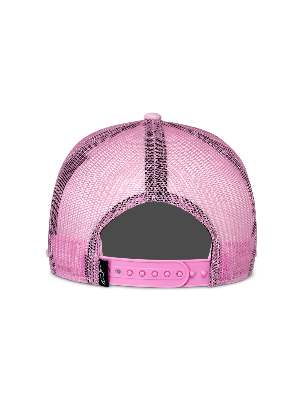 Alpinestars Corp Trucker pet, roze, achteraanzicht, voorzien van roze mesh achterpanelen en een verstelbare snapback-sluiting, casual motorsport-geïnspireerd hoofddeksel